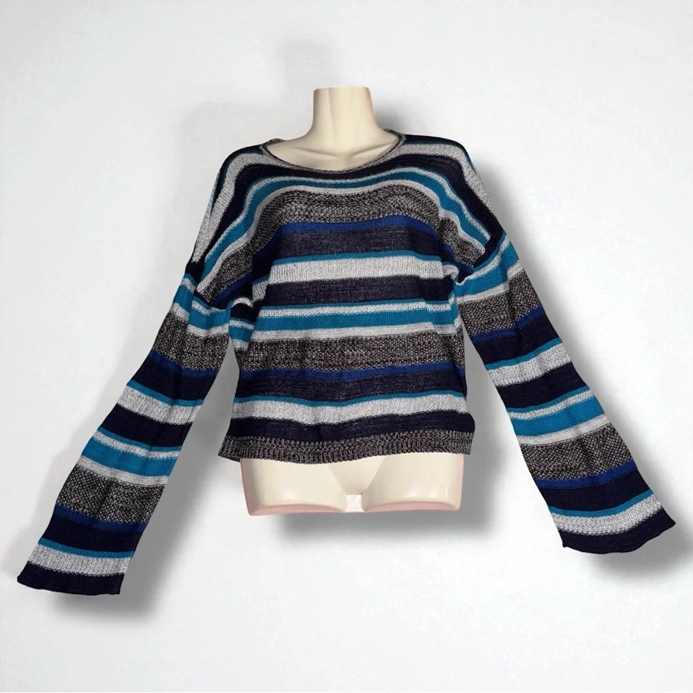 Alley & Gabby 212NY Y2K Vintage Sweater Blue Striped Cropped Bell Sleeves Size L